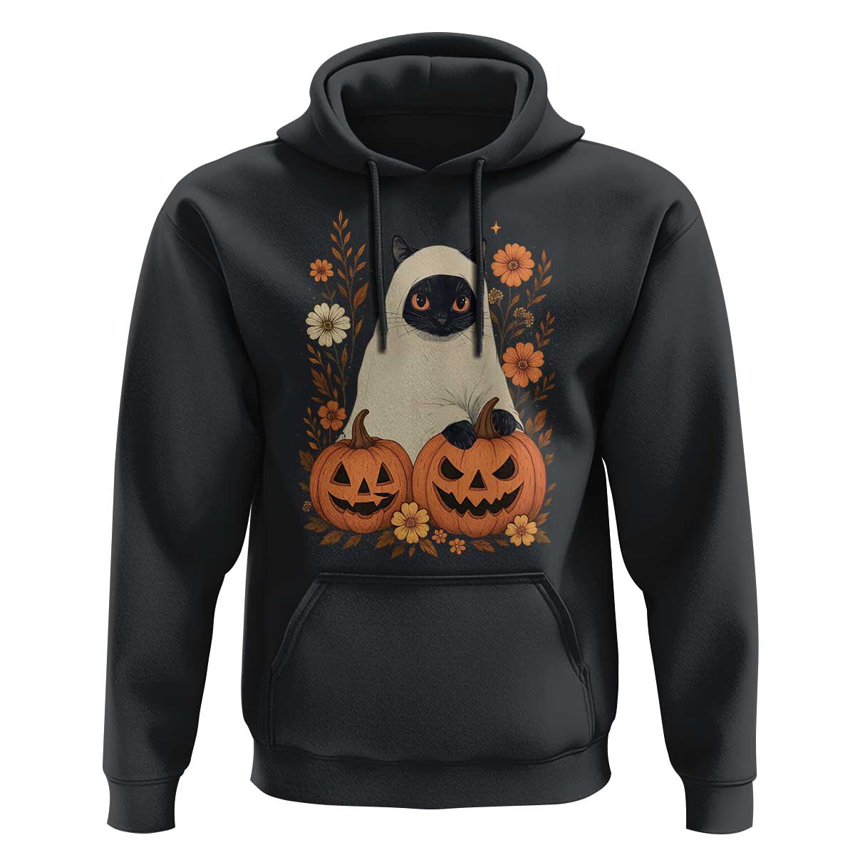 Vintage Halloween Ghost Cat Hoodie Groovy Floral Cute Black Cat Ghost Fall Pumpkin - Wonder Print Shop