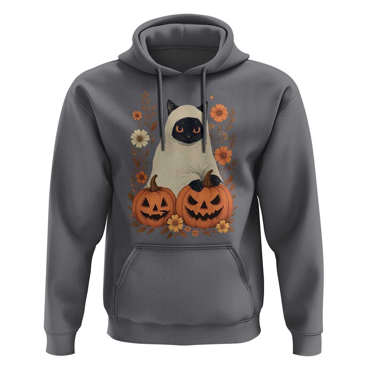 Vintage Halloween Ghost Cat Hoodie Groovy Floral Cute Black Cat Ghost Fall Pumpkin - Wonder Print Shop