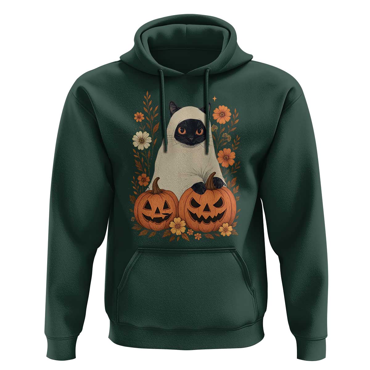 Vintage Halloween Ghost Cat Hoodie Groovy Floral Cute Black Cat Ghost Fall Pumpkin - Wonder Print Shop