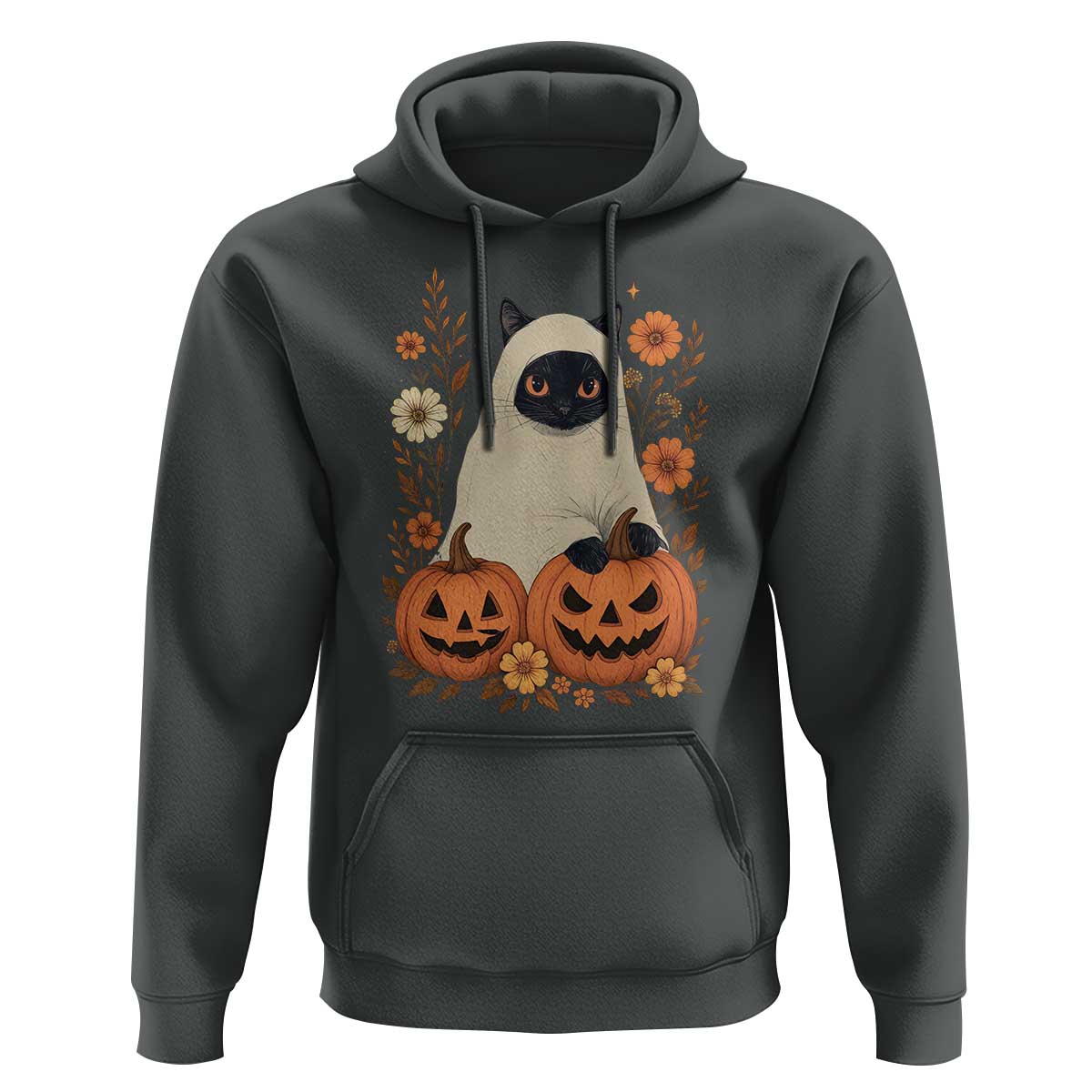 Vintage Halloween Ghost Cat Hoodie Groovy Floral Cute Black Cat Ghost Fall Pumpkin - Wonder Print Shop