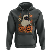 Vintage Halloween Ghost Cat Hoodie Groovy Floral Cute Black Cat Ghost Fall Pumpkin - Wonder Print Shop