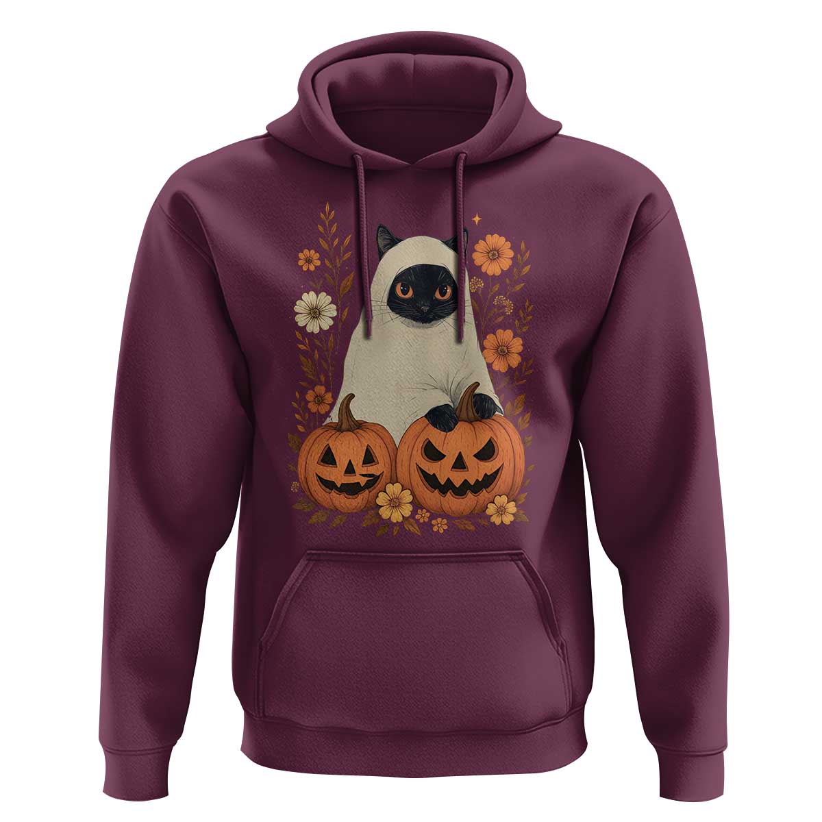 Vintage Halloween Ghost Cat Hoodie Groovy Floral Cute Black Cat Ghost Fall Pumpkin - Wonder Print Shop