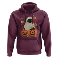 Vintage Halloween Ghost Cat Hoodie Groovy Floral Cute Black Cat Ghost Fall Pumpkin - Wonder Print Shop