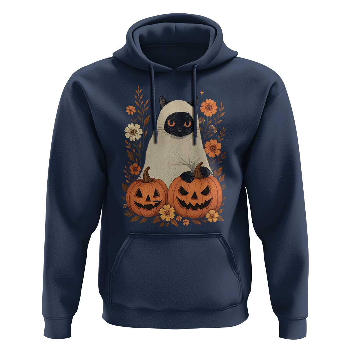 Vintage Halloween Ghost Cat Hoodie Groovy Floral Cute Black Cat Ghost Fall Pumpkin - Wonder Print Shop