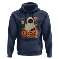 Vintage Halloween Ghost Cat Hoodie Groovy Floral Cute Black Cat Ghost Fall Pumpkin - Wonder Print Shop