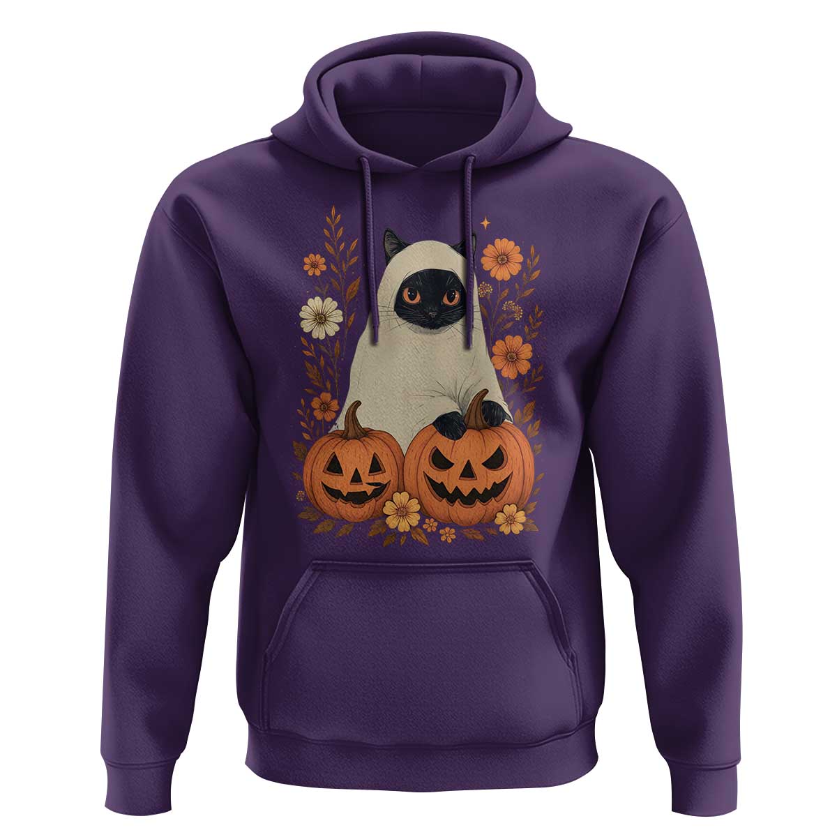 Vintage Halloween Ghost Cat Hoodie Groovy Floral Cute Black Cat Ghost Fall Pumpkin - Wonder Print Shop