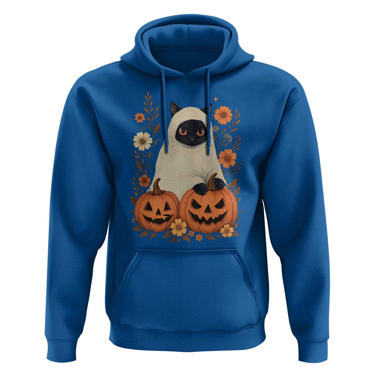 Vintage Halloween Ghost Cat Hoodie Groovy Floral Cute Black Cat Ghost Fall Pumpkin - Wonder Print Shop