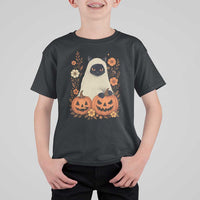 Vintage Halloween Ghost Cat T Shirt For Kid Groovy Floral Cute Black Cat Ghost Fall Pumpkin - Wonder Print Shop
