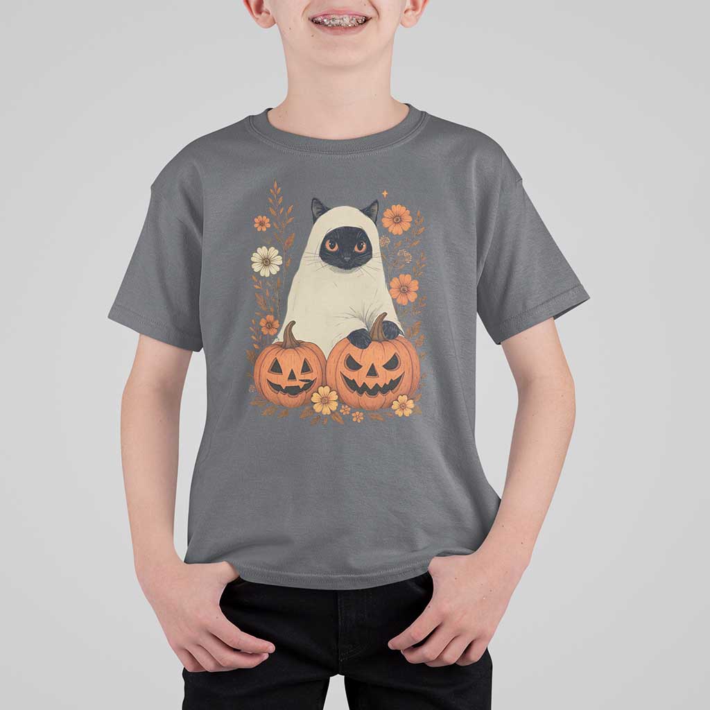 Vintage Halloween Ghost Cat T Shirt For Kid Groovy Floral Cute Black Cat Ghost Fall Pumpkin - Wonder Print Shop
