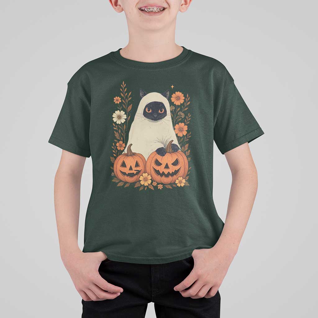 Vintage Halloween Ghost Cat T Shirt For Kid Groovy Floral Cute Black Cat Ghost Fall Pumpkin - Wonder Print Shop