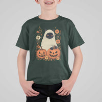 Vintage Halloween Ghost Cat T Shirt For Kid Groovy Floral Cute Black Cat Ghost Fall Pumpkin - Wonder Print Shop