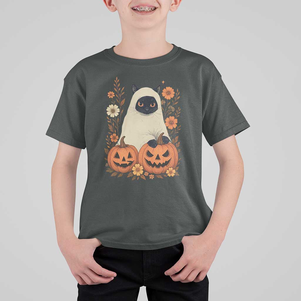 Vintage Halloween Ghost Cat T Shirt For Kid Groovy Floral Cute Black Cat Ghost Fall Pumpkin - Wonder Print Shop