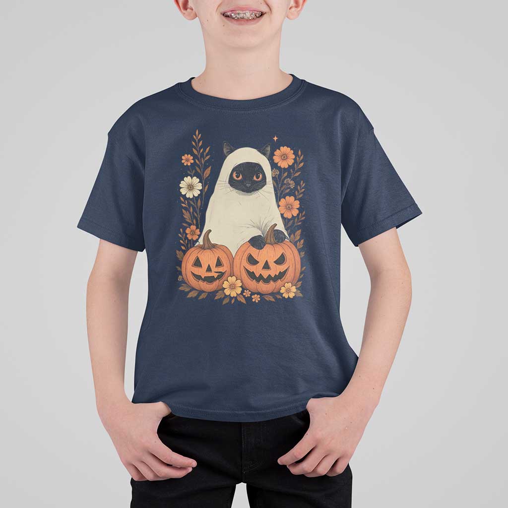 Vintage Halloween Ghost Cat T Shirt For Kid Groovy Floral Cute Black Cat Ghost Fall Pumpkin - Wonder Print Shop