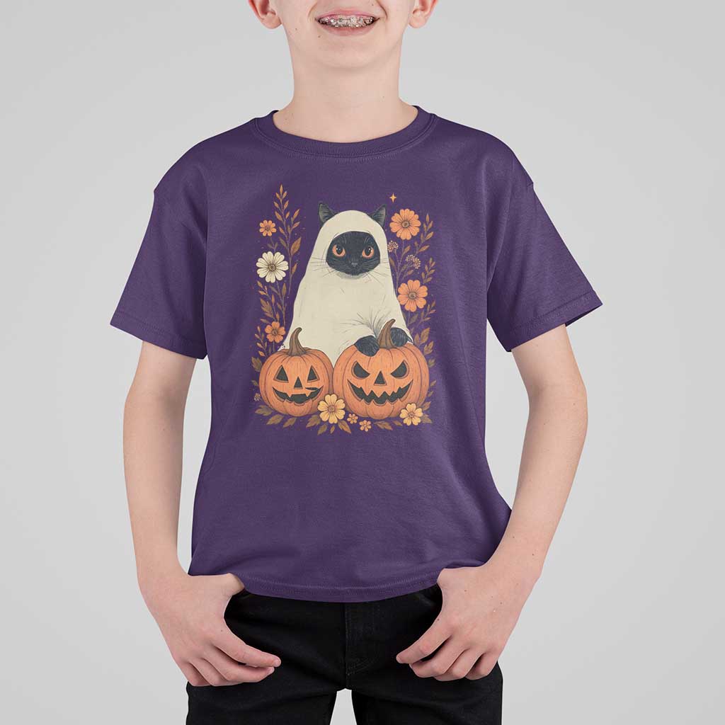 Vintage Halloween Ghost Cat T Shirt For Kid Groovy Floral Cute Black Cat Ghost Fall Pumpkin - Wonder Print Shop