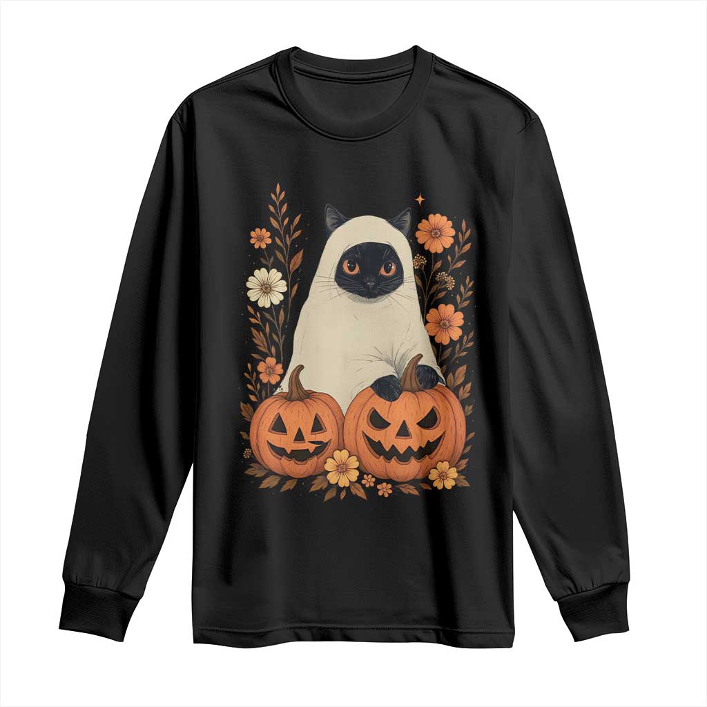 Vintage Halloween Ghost Cat Long Sleeve Shirt Groovy Floral Cute Black Cat Ghost Fall Pumpkin - Wonder Print Shop