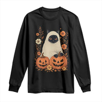 Vintage Halloween Ghost Cat Long Sleeve Shirt Groovy Floral Cute Black Cat Ghost Fall Pumpkin - Wonder Print Shop