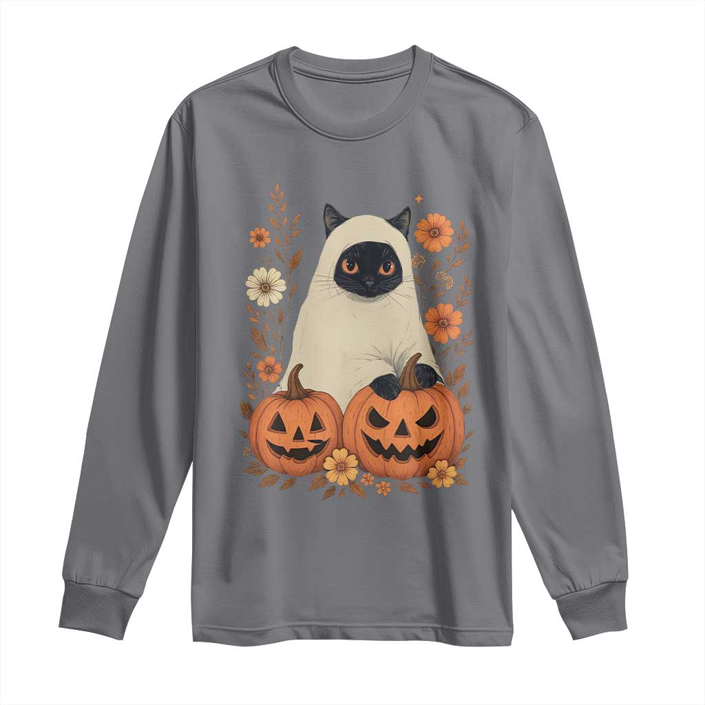 Vintage Halloween Ghost Cat Long Sleeve Shirt Groovy Floral Cute Black Cat Ghost Fall Pumpkin - Wonder Print Shop