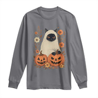 Vintage Halloween Ghost Cat Long Sleeve Shirt Groovy Floral Cute Black Cat Ghost Fall Pumpkin - Wonder Print Shop