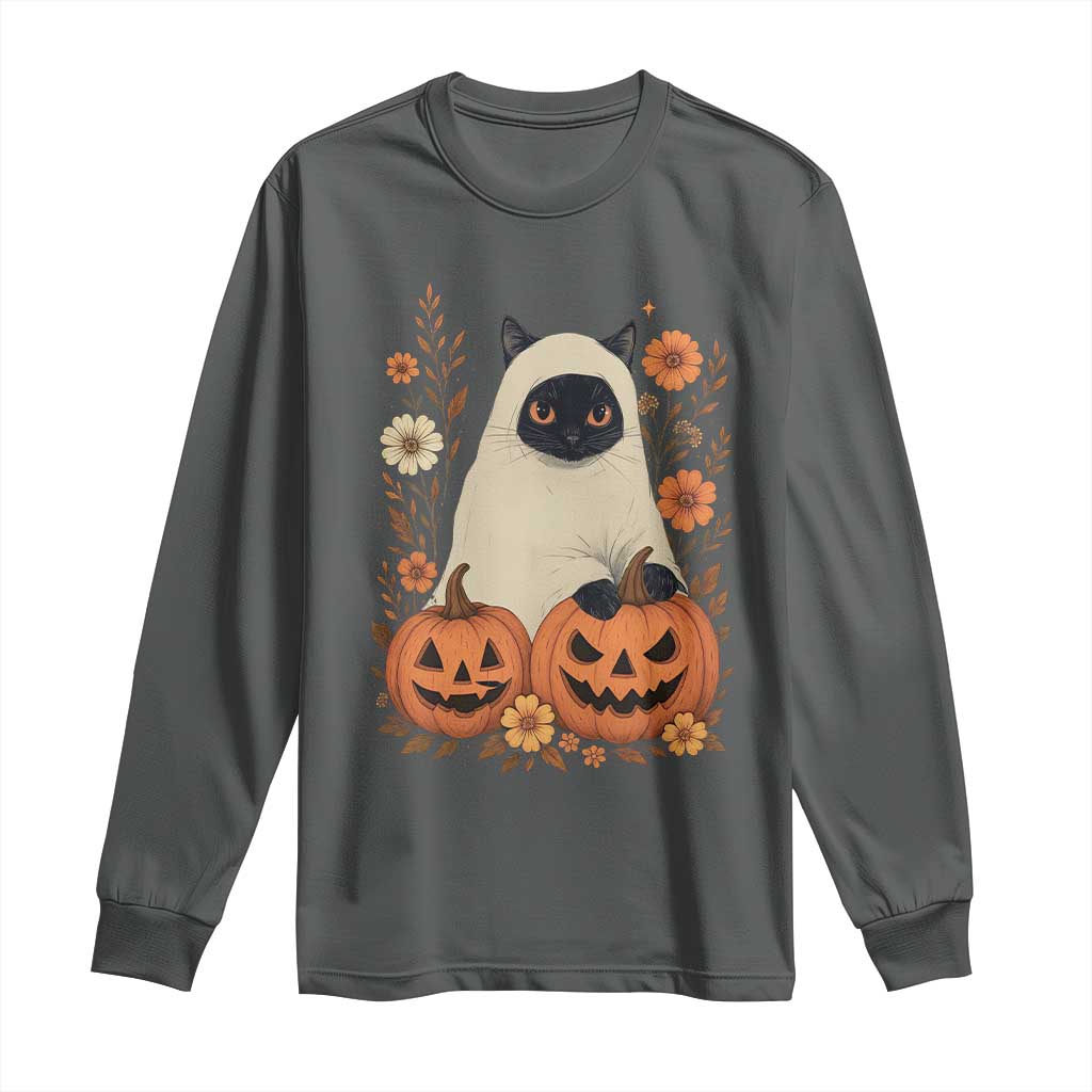 Vintage Halloween Ghost Cat Long Sleeve Shirt Groovy Floral Cute Black Cat Ghost Fall Pumpkin - Wonder Print Shop
