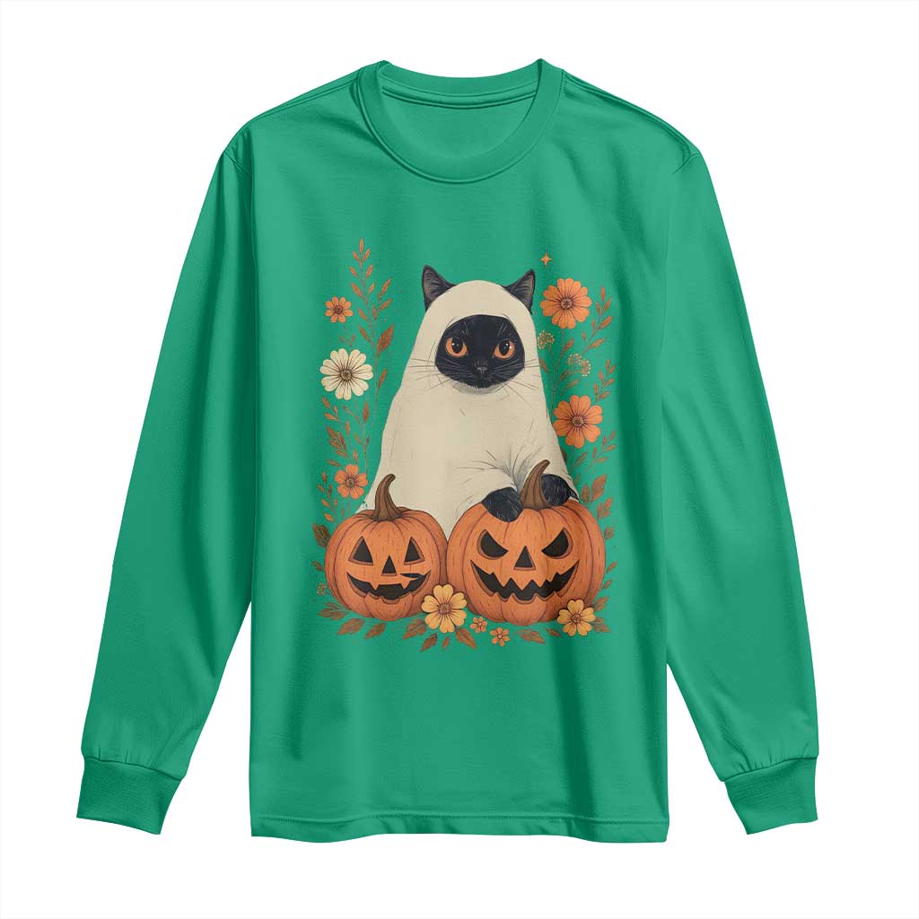 Vintage Halloween Ghost Cat Long Sleeve Shirt Groovy Floral Cute Black Cat Ghost Fall Pumpkin - Wonder Print Shop