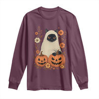 Vintage Halloween Ghost Cat Long Sleeve Shirt Groovy Floral Cute Black Cat Ghost Fall Pumpkin - Wonder Print Shop