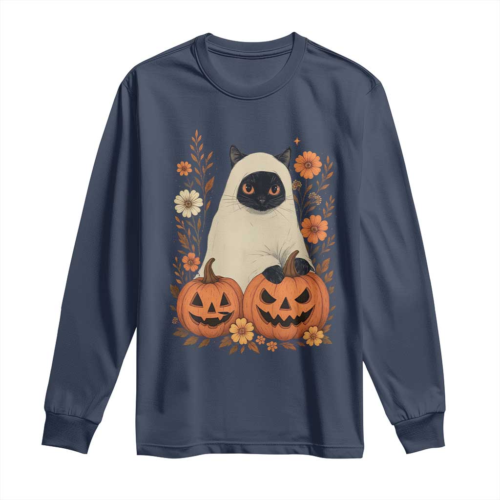 Vintage Halloween Ghost Cat Long Sleeve Shirt Groovy Floral Cute Black Cat Ghost Fall Pumpkin - Wonder Print Shop
