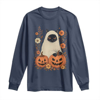 Vintage Halloween Ghost Cat Long Sleeve Shirt Groovy Floral Cute Black Cat Ghost Fall Pumpkin - Wonder Print Shop