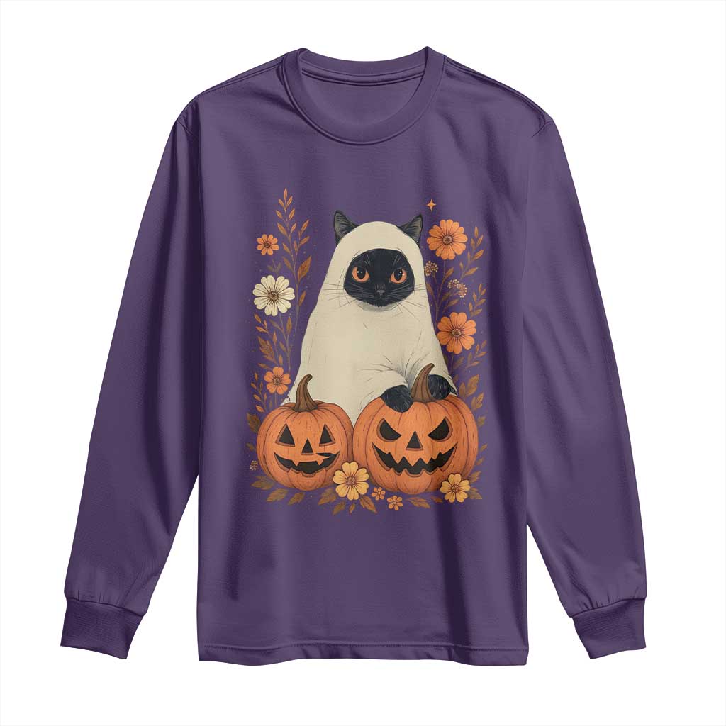 Vintage Halloween Ghost Cat Long Sleeve Shirt Groovy Floral Cute Black Cat Ghost Fall Pumpkin - Wonder Print Shop