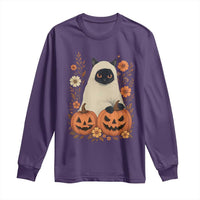 Vintage Halloween Ghost Cat Long Sleeve Shirt Groovy Floral Cute Black Cat Ghost Fall Pumpkin - Wonder Print Shop