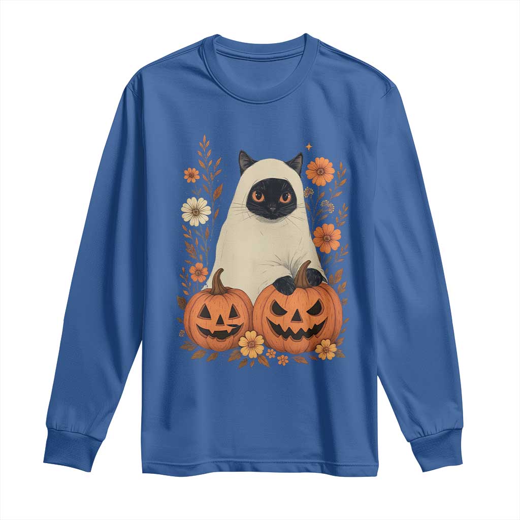Vintage Halloween Ghost Cat Long Sleeve Shirt Groovy Floral Cute Black Cat Ghost Fall Pumpkin - Wonder Print Shop