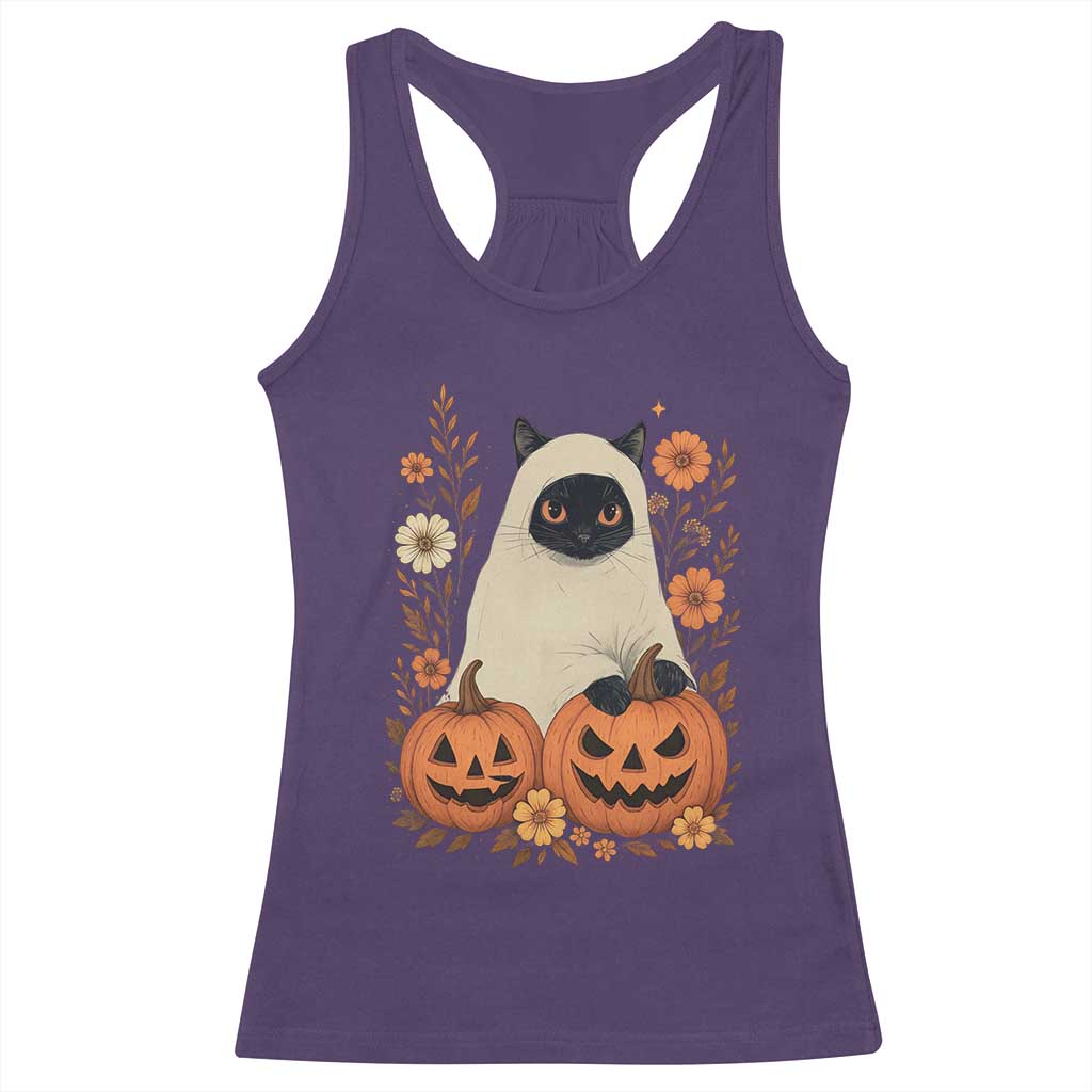 Vintage Halloween Ghost Cat Racerback Tank Top Groovy Floral Cute Black Cat Ghost Fall Pumpkin - Wonder Print Shop