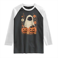 Vintage Halloween Ghost Cat Raglan Shirt Groovy Floral Cute Black Cat Ghost Fall Pumpkin - Wonder Print Shop