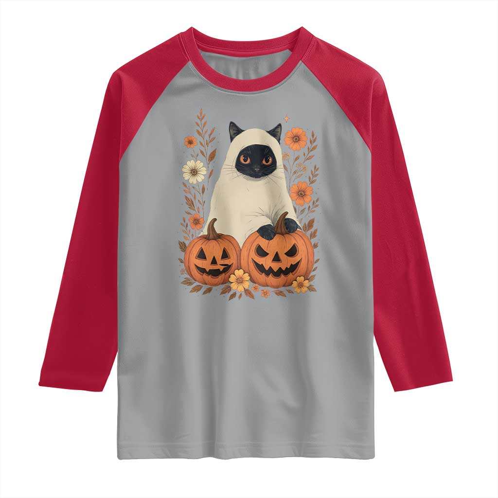 Vintage Halloween Ghost Cat Raglan Shirt Groovy Floral Cute Black Cat Ghost Fall Pumpkin - Wonder Print Shop