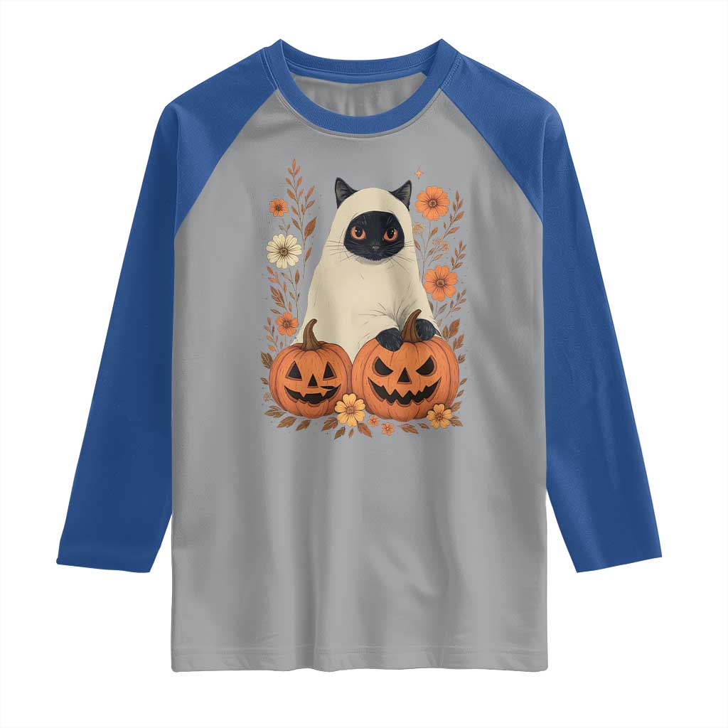Vintage Halloween Ghost Cat Raglan Shirt Groovy Floral Cute Black Cat Ghost Fall Pumpkin - Wonder Print Shop