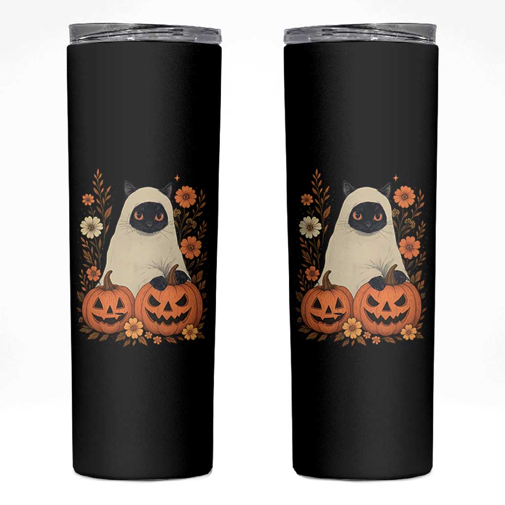 Vintage Halloween Ghost Cat Skinny Tumbler Groovy Floral Cute Black Cat Ghost Fall Pumpkin - Wonder Print Shop
