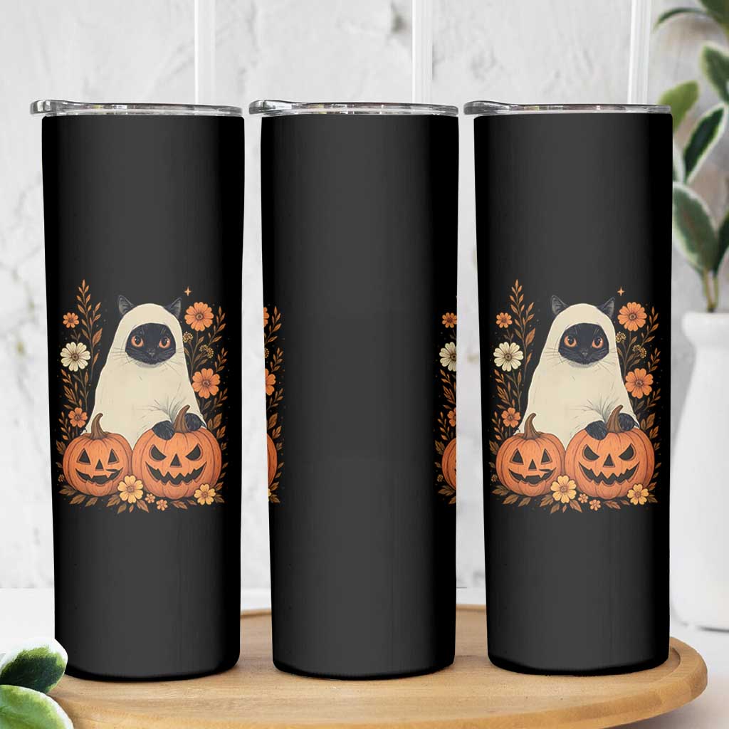 Vintage Halloween Ghost Cat Skinny Tumbler Groovy Floral Cute Black Cat Ghost Fall Pumpkin - Wonder Print Shop