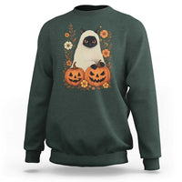 Vintage Halloween Ghost Cat Sweatshirt Groovy Floral Cute Black Cat Ghost Fall Pumpkin - Wonder Print Shop