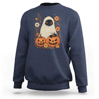 Vintage Halloween Ghost Cat Sweatshirt Groovy Floral Cute Black Cat Ghost Fall Pumpkin - Wonder Print Shop
