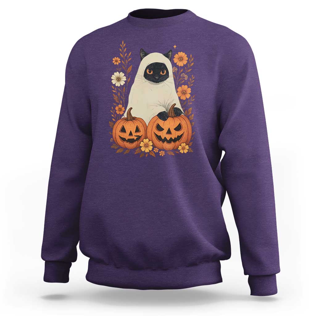 Vintage Halloween Ghost Cat Sweatshirt Groovy Floral Cute Black Cat Ghost Fall Pumpkin - Wonder Print Shop