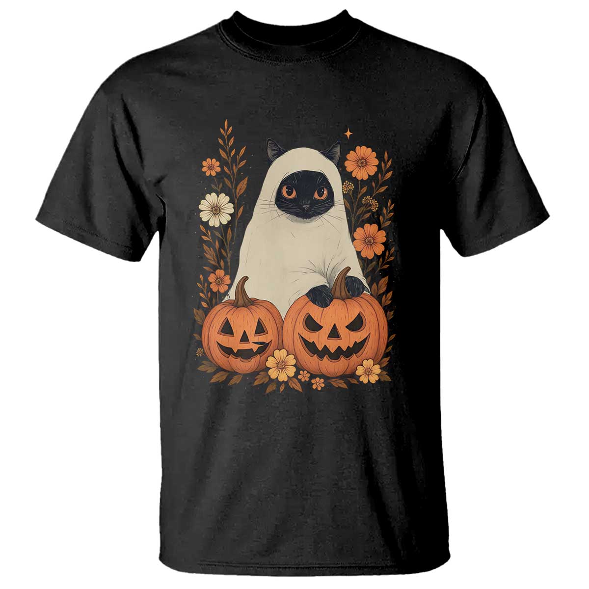 Vintage Halloween Ghost Cat T Shirt Groovy Floral Cute Black Cat Ghost Fall Pumpkin - Wonder Print Shop