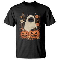 Vintage Halloween Ghost Cat T Shirt Groovy Floral Cute Black Cat Ghost Fall Pumpkin - Wonder Print Shop