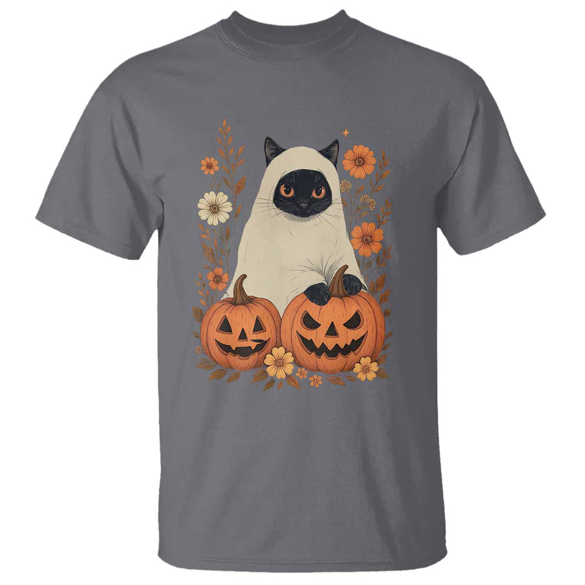 Vintage Halloween Ghost Cat T Shirt Groovy Floral Cute Black Cat Ghost Fall Pumpkin - Wonder Print Shop