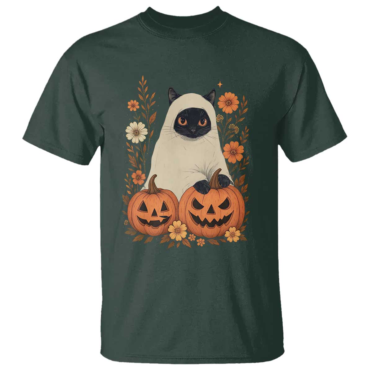 Vintage Halloween Ghost Cat T Shirt Groovy Floral Cute Black Cat Ghost Fall Pumpkin - Wonder Print Shop