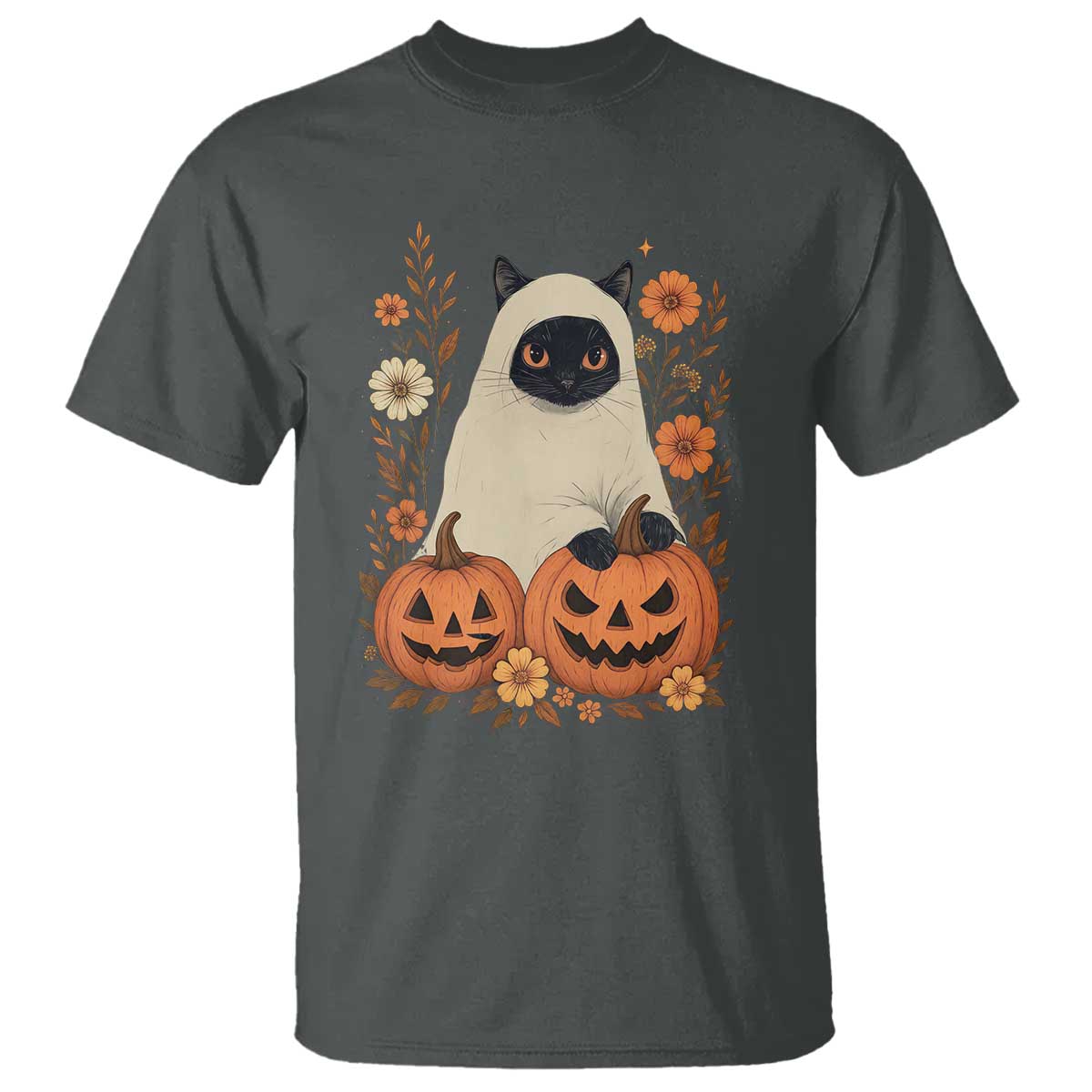 Vintage Halloween Ghost Cat T Shirt Groovy Floral Cute Black Cat Ghost Fall Pumpkin - Wonder Print Shop