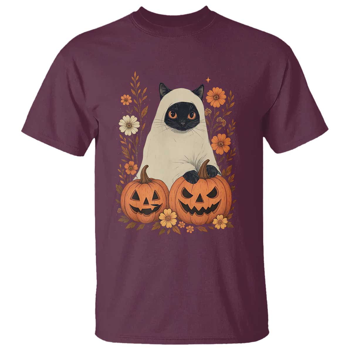 Vintage Halloween Ghost Cat T Shirt Groovy Floral Cute Black Cat Ghost Fall Pumpkin - Wonder Print Shop