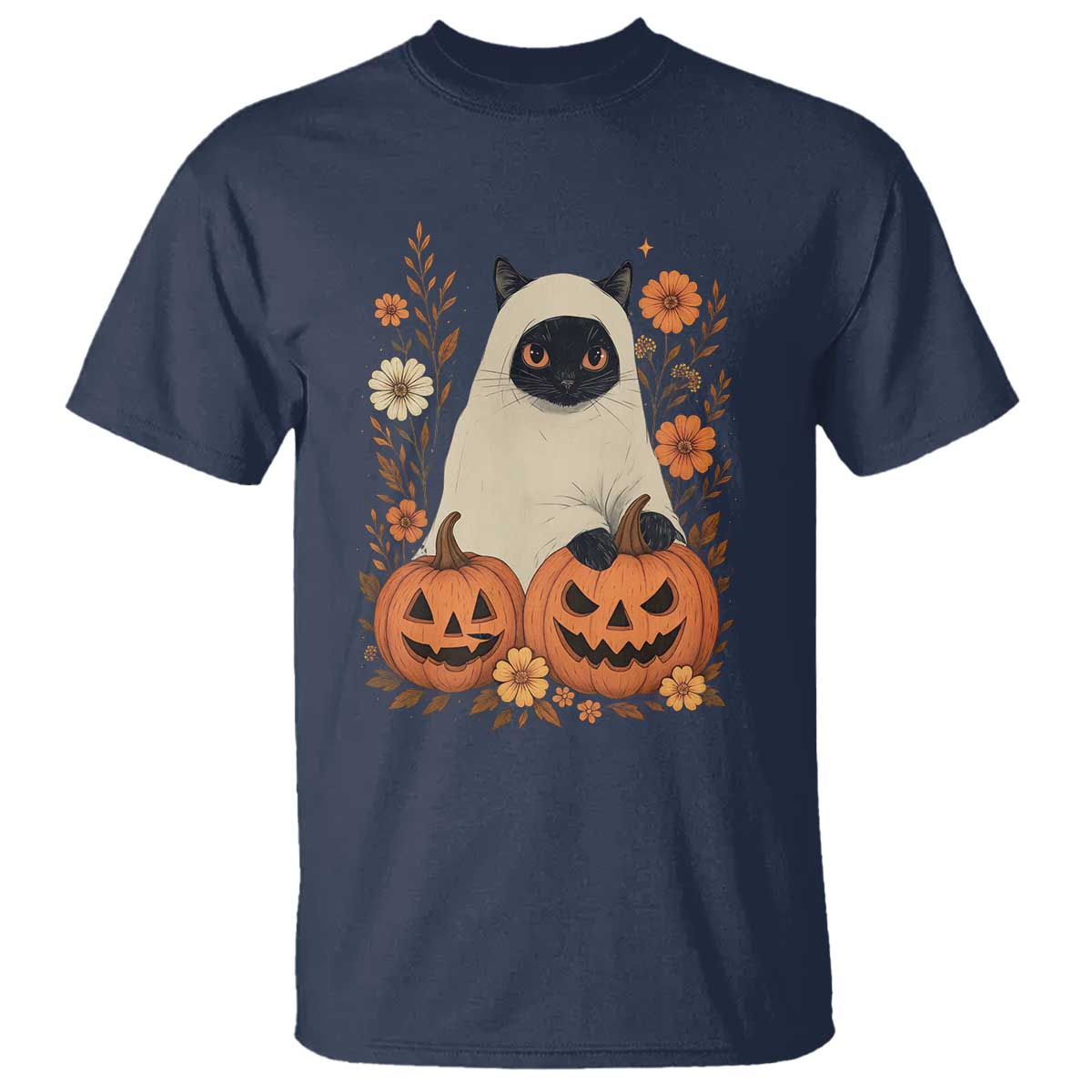 Vintage Halloween Ghost Cat T Shirt Groovy Floral Cute Black Cat Ghost Fall Pumpkin - Wonder Print Shop