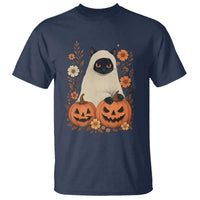 Vintage Halloween Ghost Cat T Shirt Groovy Floral Cute Black Cat Ghost Fall Pumpkin - Wonder Print Shop