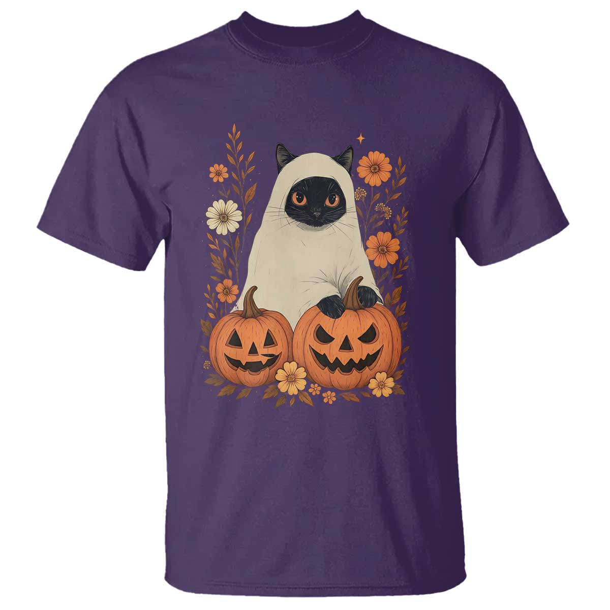 Vintage Halloween Ghost Cat T Shirt Groovy Floral Cute Black Cat Ghost Fall Pumpkin - Wonder Print Shop