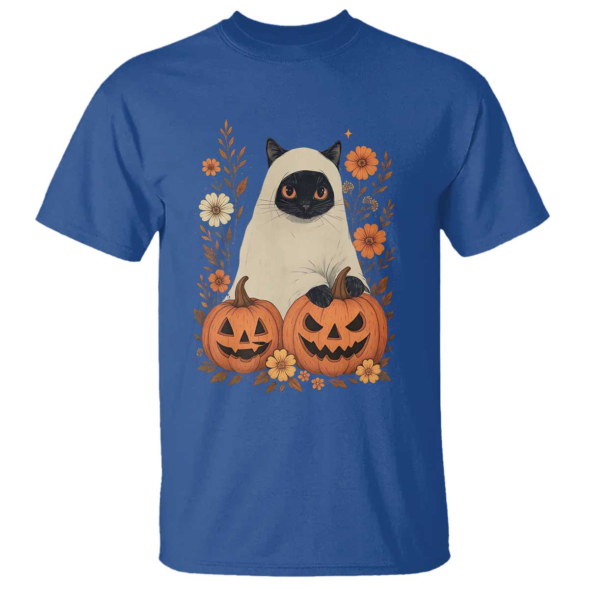 Vintage Halloween Ghost Cat T Shirt Groovy Floral Cute Black Cat Ghost Fall Pumpkin - Wonder Print Shop