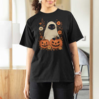 Vintage Halloween Ghost Cat T Shirt For Women Groovy Floral Cute Black Cat Ghost Fall Pumpkin - Wonder Print Shop